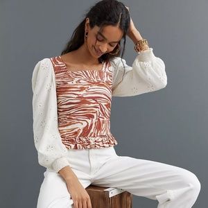 Anthropologie Love The Label Smocked Puff-Sleeve Blouse